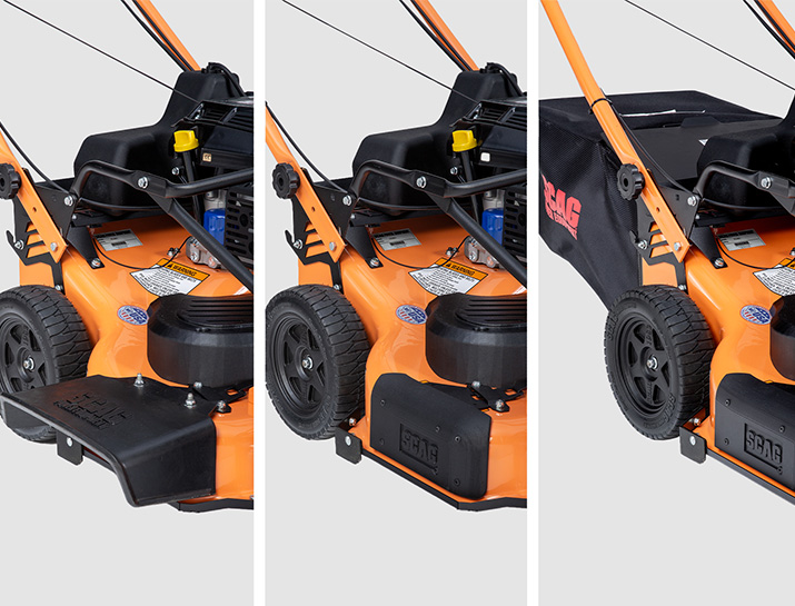 Three images of the SFCII-30 mower's side-discharge, mulching and bagging features.